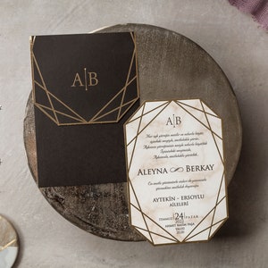 Invitación de boda geométrica, marco de diseño moderno, elegante tarjeta de boda con sobre negro, primera letra impresa en papel dorado, troquelada