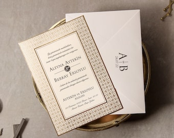 Simple Classic Wedding Invitation, Gold Framed, Embossed Pattern, Cream Color Wedding Card, First Letters And Date Printed Custom Envelope