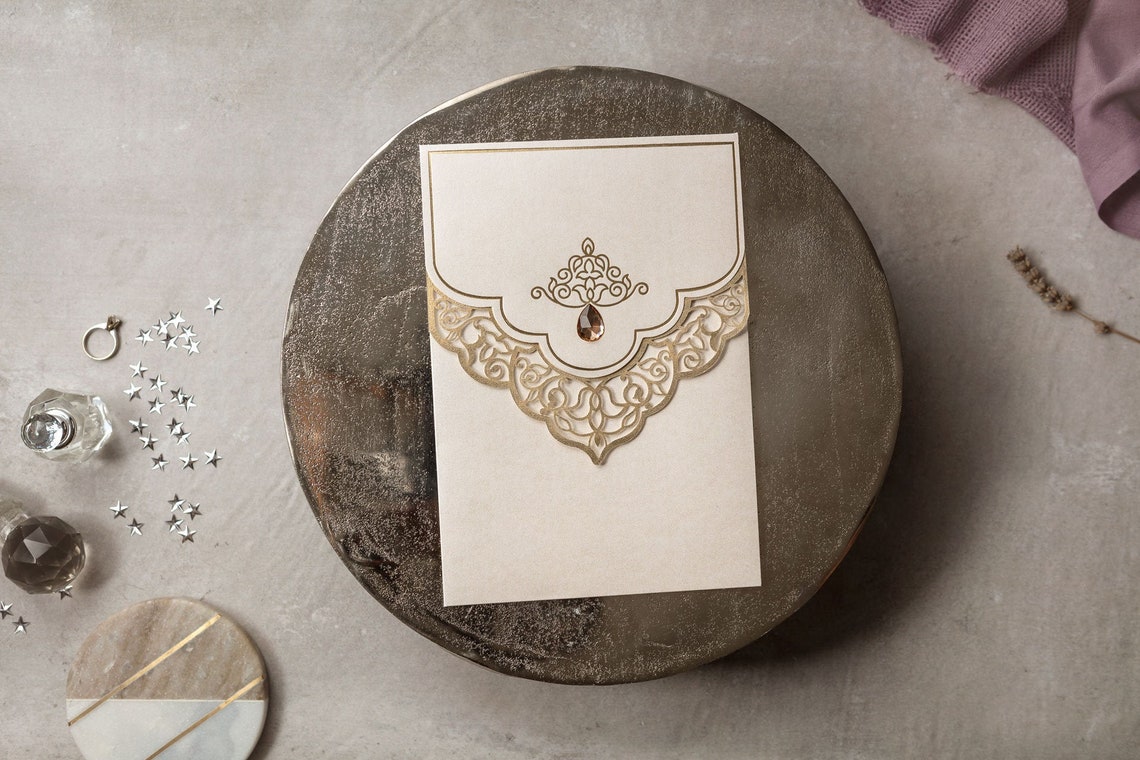 Cheap Laser Cut Wedding Invitation Glitter Stone Cream Etsy