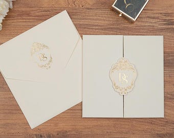 Gatefold Wedding Invitation, Folded Luxury Wedding Card, Trefold