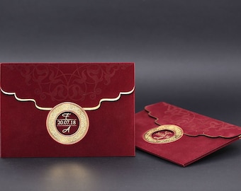 Burgundy Velvet Wedding Invitation, Gold Foil Letterpress Printed Elegant Luxury Amazing Wedding Card, Embossed Patterns Pocket Envelope