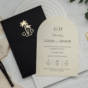 Tropische Hochzeitseinladungskarte, Goldfolie Letterpress Palmenblatt Gedruckte schwarze geschlossene Umschläge, oval geschwungene geprägte Hochzeitskarte