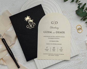 Tropical Wedding Invitation Card, Gold Foil Letterpress Palm Leaf Printed Black Closed Envelopes, Oval Curved Embossed Wedding Card