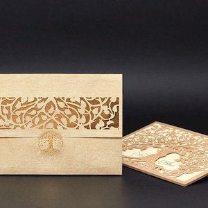 Invitación de boda con árbol cortado con láser, bolsillo con forma de árbol de la vida, tarjeta de boda gruesa, elegante y lujosa