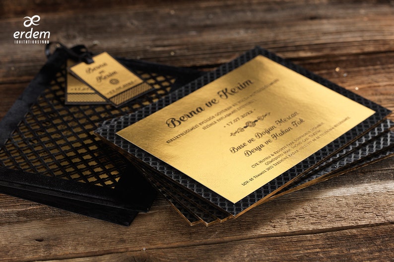Black Gold Velvet Wedding Invitation, Laser Cut Pocket, Black Letterpress Printed, Luxury, Best, High End Wedding Card Design And Custom Tag image 4