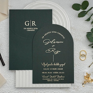 Grün und Gold Hochzeitseinladung, Goldfolie Gedruckt Letterpress Gedruckt Grüner Umschlag, Bogen Hochzeitskarte
