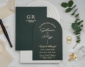 Green And Gold Wedding Invitation, Gold Foil Printed Letterpress Printed Green Envelope, Arch Wedding Card