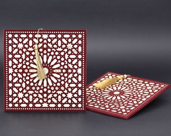 Burgundy Velvet Wedding Invitation, Gold Foil Letterpress Printed Laser Cut Wedding Card, Gold Tassel, Laser Cut Pocket Envelope 50 Pcs