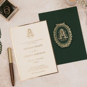 Faire-part de mariage en lin vert, carte de mariage de luxe vert et or