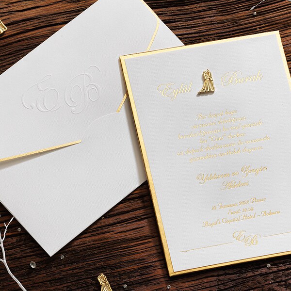 Minimalist Wedding Invitation, Bride and Groom Stone, Embossed First Letter Printed Envelope, Gold Foil Letterpress Printed Wedding Card