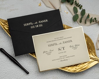 Black And Gold Wedding Invitation, Gold Foil Letterpress Printed Black Envelopes, Gold Framed, Embossed Beige Wedding Card