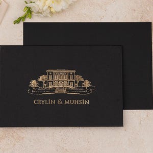 Convite de casamento em Manor House, cartão de casamento luxuoso dobrado em preto e dourado