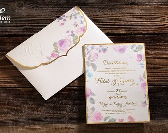 Pink Flower Wedding Invitation, Spring, Luxury And Best Wedding Card, Gold Foil Letterpress Printed, Embossed Names Custom Floral Envelope