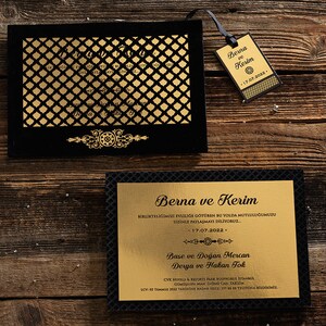 Black Gold Velvet Wedding Invitation, Laser Cut Pocket, Black Letterpress Printed, Luxury, Best, High End Wedding Card Design And Custom Tag image 3