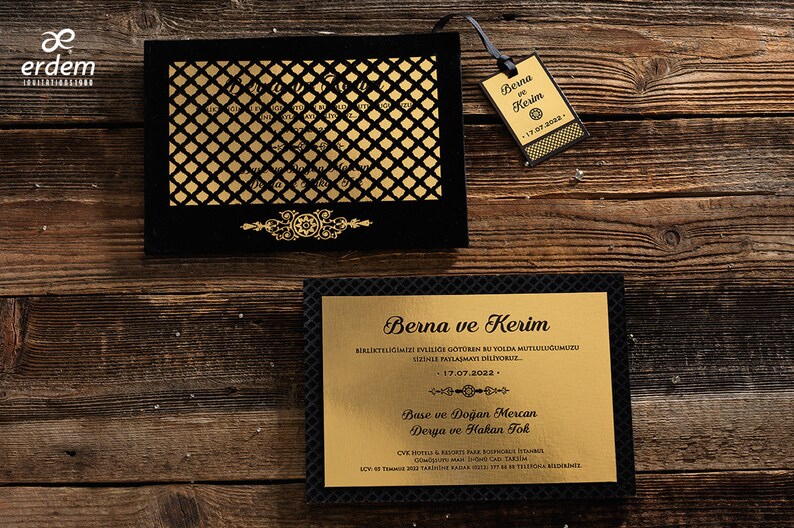 Black Gold Velvet Wedding Invitation, Laser Cut Pocket, Black Letterpress Printed, Luxury, Best, High End Wedding Card Design And Custom Tag image 3