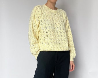 Vintage Hand Knitted Yellow Jumper S/M, Spring yellow knitted jumper, pullover
