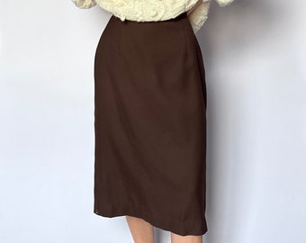 90s Brown Twill Midi Skirt W'26" XS/S, linen brown skirt, midi structured skirt, vintage handmade skirt