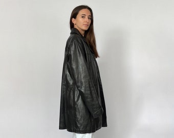 90s Longline Black Leather Jacket S/M, Vintage Leather Coat