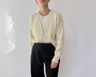 Cream Angora Cardigan S/M, 90s cream cardigan, 90s white angora cardigan, cropped angora cardigan S