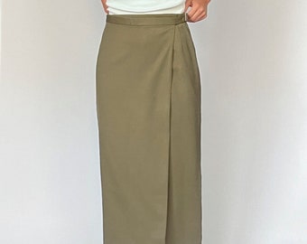 Japanese Vintage Khaki Wrap Skirt XS/S W'26", Vintage Twill Midi Skirt