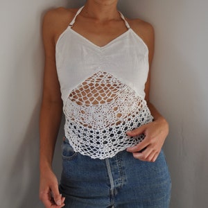 Vintage White Hand Cotton Crochet Halterneck Crop Top Size 8-10, 90s butterfly crochet top size S image 2