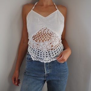 Vintage White Hand Cotton Crochet Halterneck Crop Top Size 8-10, 90s butterfly crochet top size S image 9