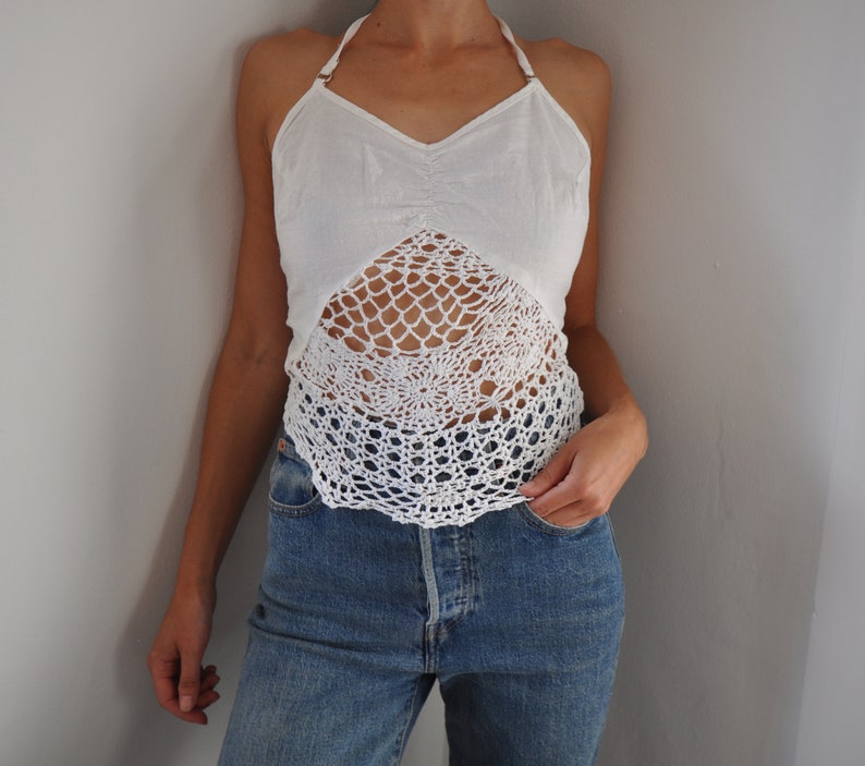 Vintage White Hand Cotton Crochet Halterneck Crop Top Size 8-10, 90s butterfly crochet top size S image 9