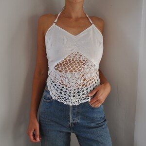 Vintage White Hand Cotton Crochet Halterneck Crop Top Size 8-10, 90s butterfly crochet top size S image 3