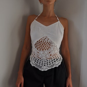 Vintage White Hand Cotton Crochet Halterneck Crop Top Size 8-10, 90s butterfly crochet top size S image 7