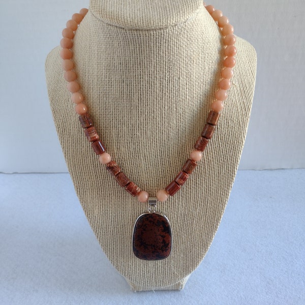 Peach Jade Fossil Coral Mahogany Jasper Pendant Necklace