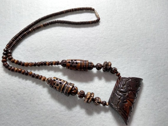 Vintage Elephant Wood Carved Pendant Necklace - image 3