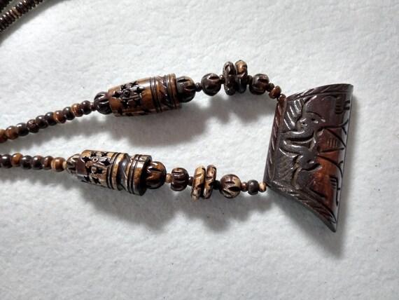 Vintage Elephant Wood Carved Pendant Necklace - image 4