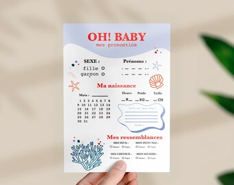 carte jeu pronostic bébé à imprimer pour naissance -baby shower - gender reveal - thème marin