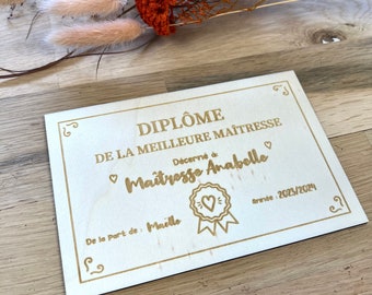 Diplôme maîtresse - cadeau maîtresse - fin année scolaire