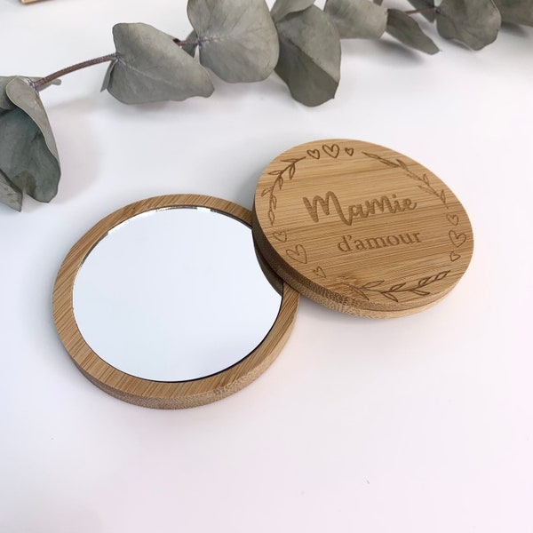 Miroir de poche -bois & personnalisé - fête des mamies/mamans