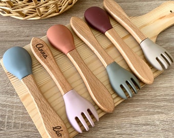 set couverts bébé en bois et silicone - cadeau naissance personnalisé