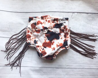 Cowprint bummies, western, fringe, summer shorts, diaper cover