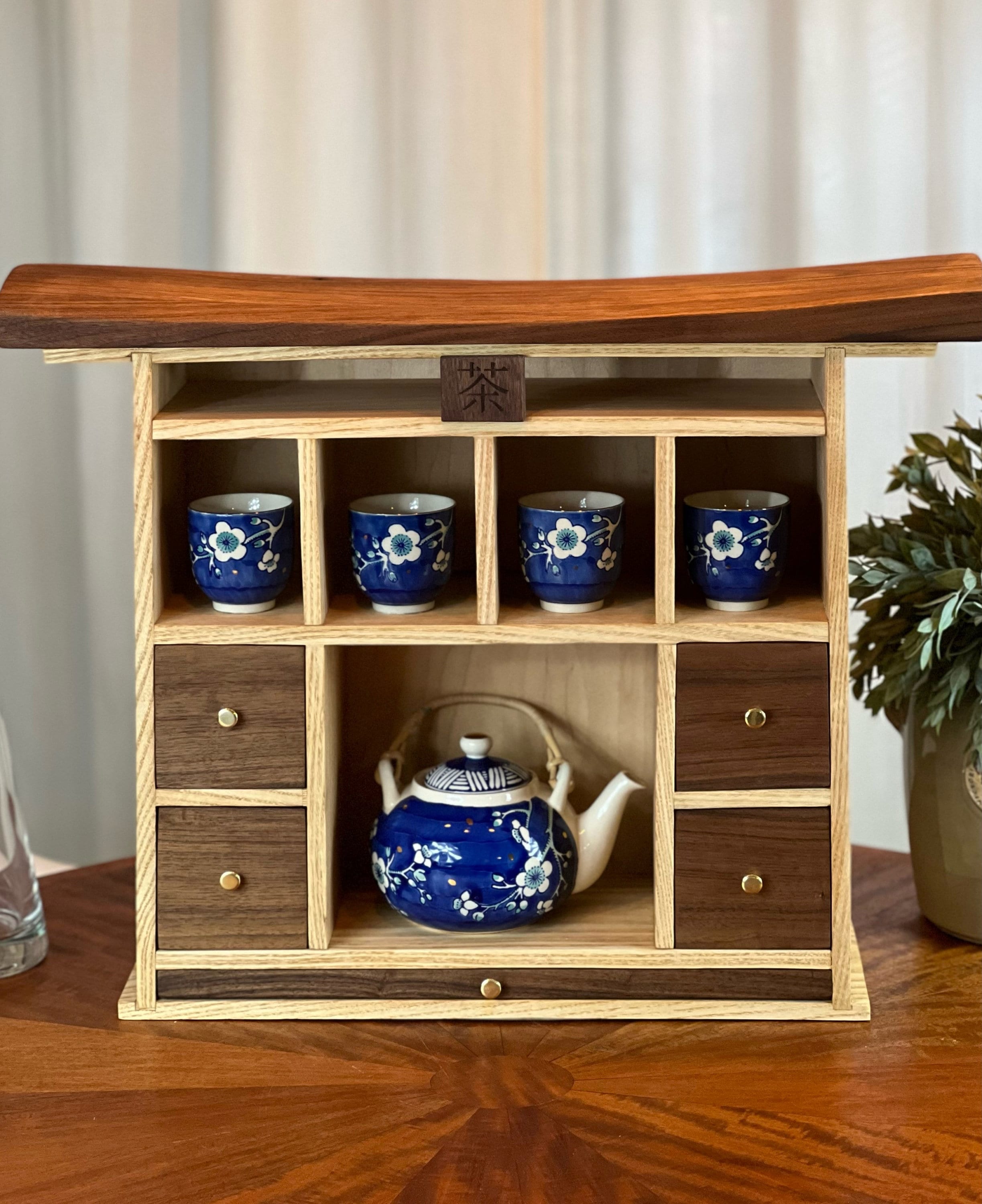 Tea Cabinet With Included Tea Set. Japanese Torii Gate Style 