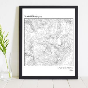 Impression de carte de Scafell Pike | Carte topographique | Contours | Montagne | Région des lacs | Cadeau | Colline