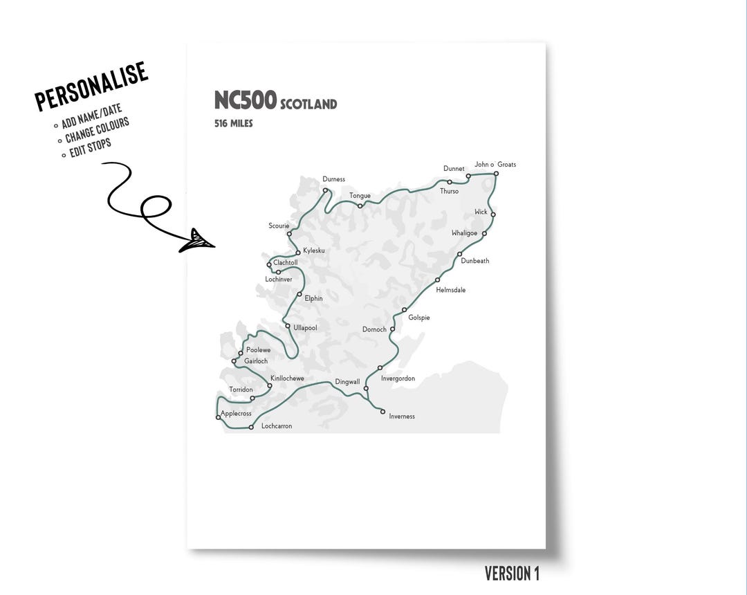 Nc500 Printable Map.pdf North Coast 500 | Print | Map | Gift | Route | NC500 - Etsy UK