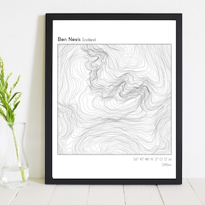 Impression de carte du Ben Nevis | Topographique | Écosse | Munro | Colline | Montagne | Ensachage Munro | Contours | Randonnée pédestre