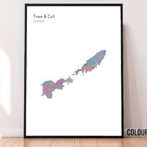 May include: A watercolor print of the islands of Tiree and Coll, Scotland. The print is in shades of blue, green, and pink.