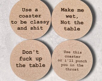 Cork Coaster set | Drinks mat, rude, funny, unique, drinks party, dinner guests, funny stocking filler