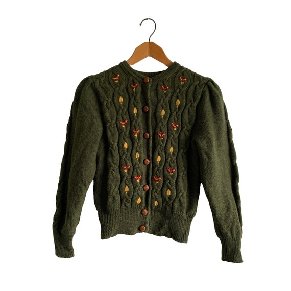 Cable Knit Green Cardigan with Autumnal Embroider… - image 1