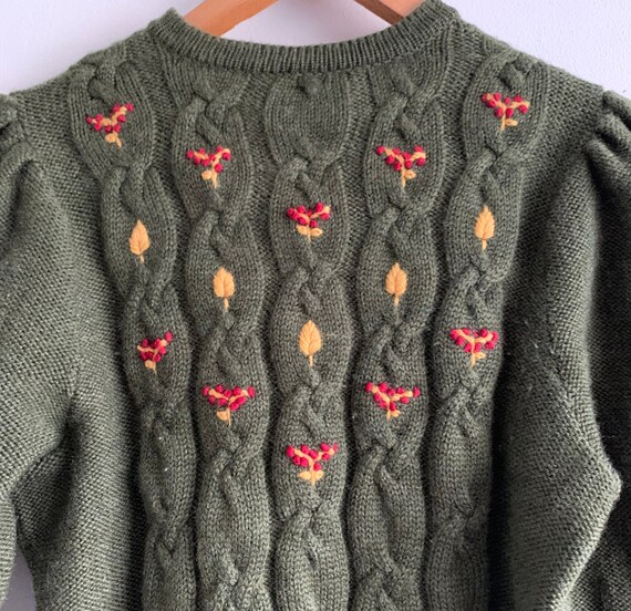 Cable Knit Green Cardigan with Autumnal Embroider… - image 3