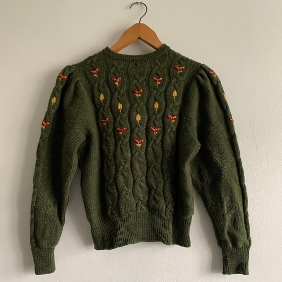 Cable Knit Green Cardigan with Autumnal Embroider… - image 2
