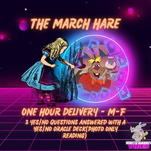 Può includere: Un'illustrazione digitale con Alice e il Lepre Marzolina di Alice nel Paese delle Meraviglie. Il testo "THE MARCH HARE" è in alto. Alice è a sinistra, e la Lepre Marzolina è in un cerchio luminoso a destra. Il testo sottostante recita "ONE HOUR DELIVERY - M-F".