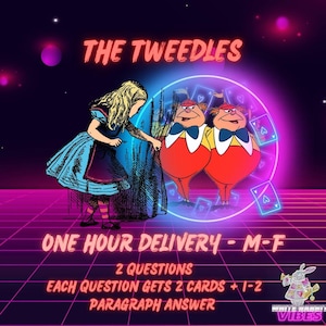 May include: A retro-style graphic featuring Alice in Wonderland characters. The image includes Alice, the Tweedledee and Tweedledum twins, and playing cards. Text reads "THE TWEEDLES" and "ONE HOUR DELIVERY - M-F". The background has a neon grid.