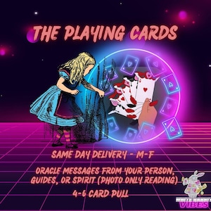 Puede incluir: Ilustración con el texto "THE PLAYING CARDS" en la parte superior, que presenta a una mujer con un vestido azul y cabello rubio, sosteniendo una cortina para revelar naipes. El texto "SAME DAY DELIVERY - M-F" y "ORACLE MESSAGES FROM YOUR PERSON, GUIDES, OR SPIRIT" también está presente.