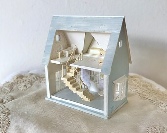 Little cottage dolls house furnished in miniature shabby chic Victorian artisan 1/144 scale